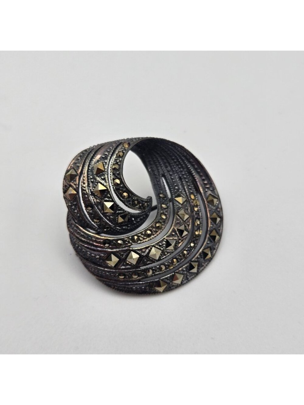 Vintage Sterling Silver Marcasite Swirl Brooch Pin Retro
